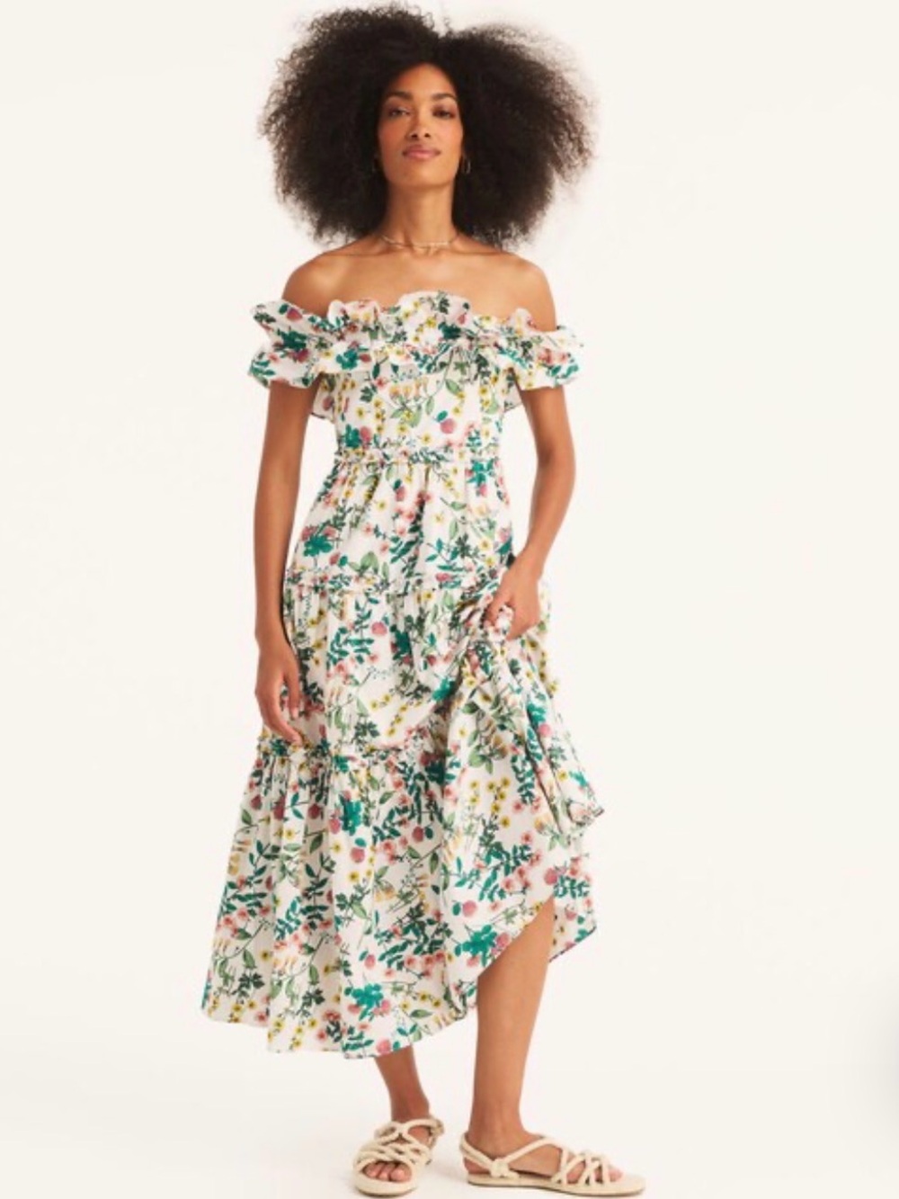 Nautica Off-Shoulder White Floral Maxi Dress with Green & Pink Accents